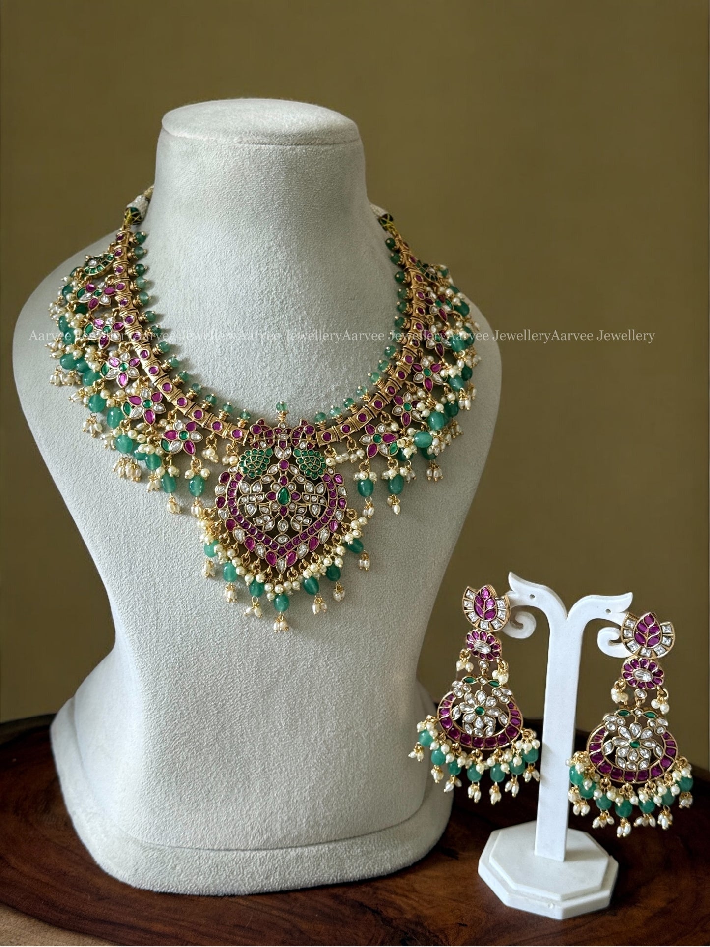 PREMIUM KUNDAN STONES PEACOCK & FLORAL MOTIF GUTTA PUSALU NECKLACE SET WITH PASTEL BEADS