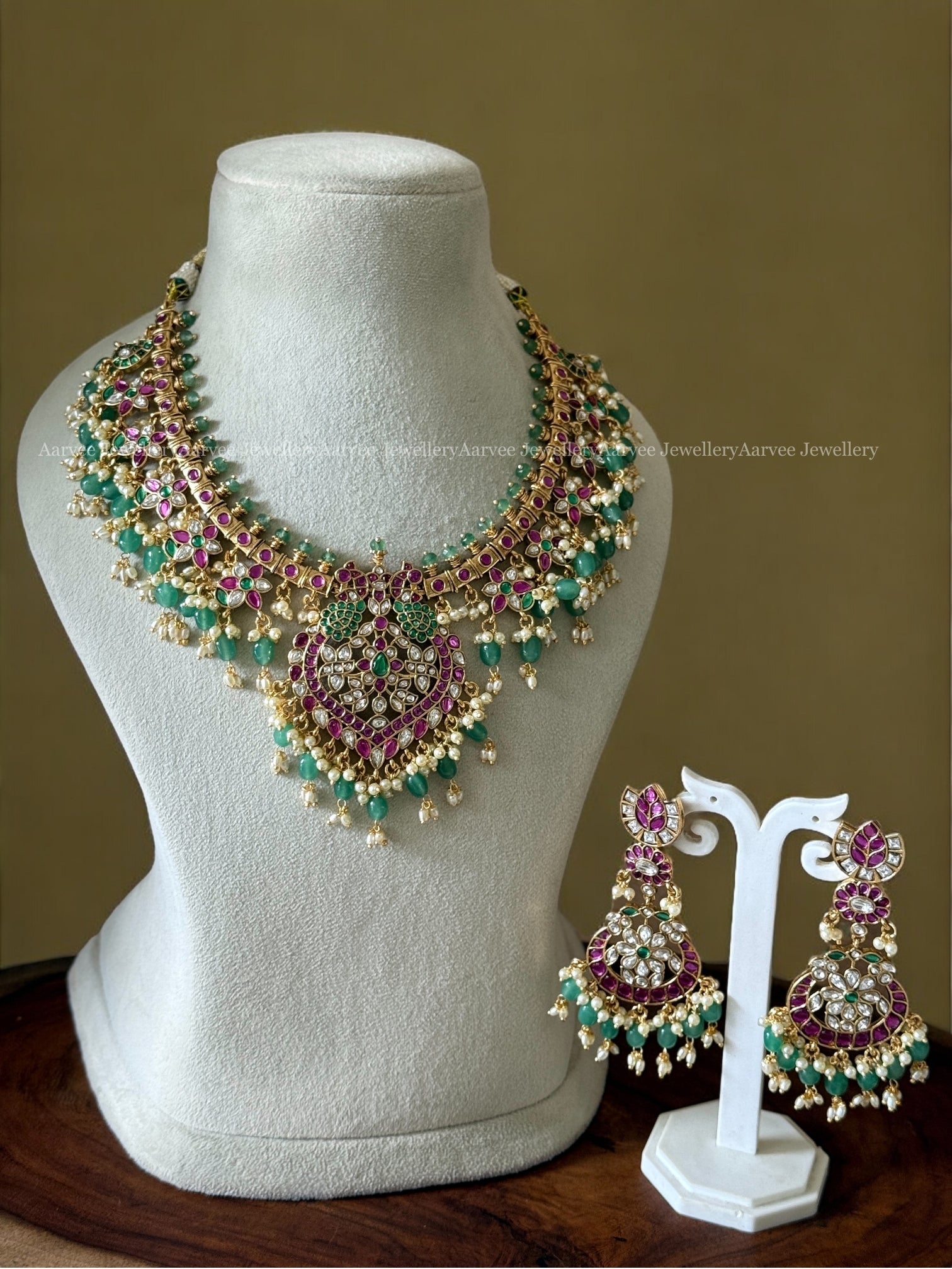 PREMIUM KUNDAN STONES PEACOCK & FLORAL MOTIF GUTTA PUSALU NECKLACE SET WITH PASTEL BEADS