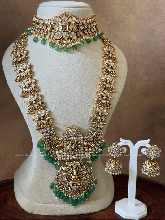 KUNDAN WHITE STONES HIGH NECK CHOKER | LOTUS MOTIF HARAM WITH LAKSHMI PEACOCK PENDANT WITH PASTEL BEADS