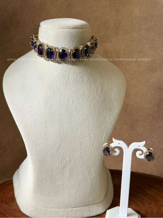 ROUND CUT PURPLE STONE VICTORIAN HIGHNECK CHOKER SET