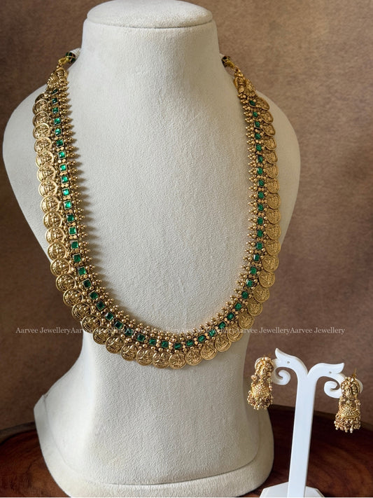 HIGH QUALITY ANTIQUE FINISH LAKSHMI COIN MID LENGTH HARAM SET WITH SEMI PRECIOUS KEMP GREEN STONES