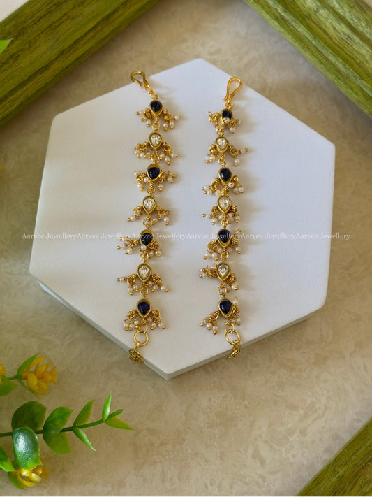 JADAU KUNDAN EAR CHAIN WITH VOILET & WHITE STONES