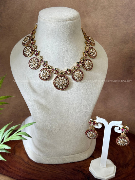 WHITE & RUBY STONE BUTTA NECKLACE SET
