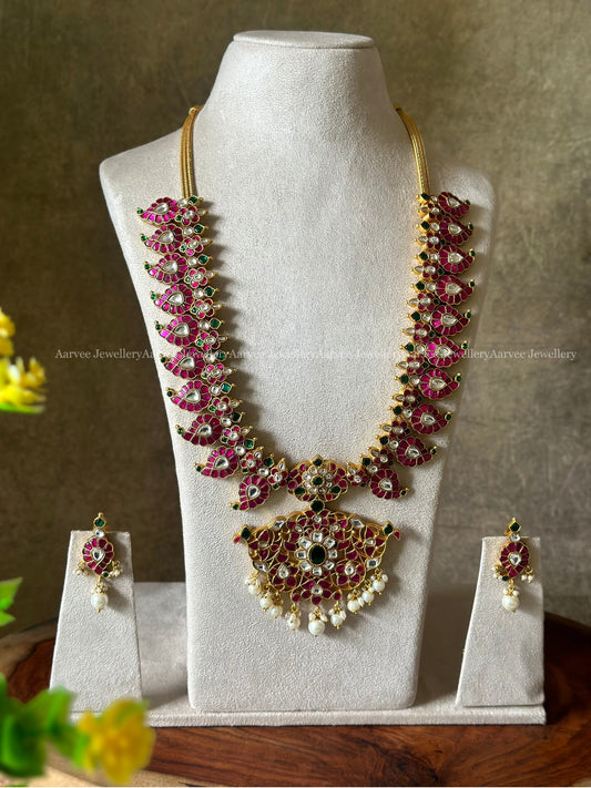 JADAU KUNDAN PINK STONE MANGO MOTIF HARAM SET WITH PEARLS