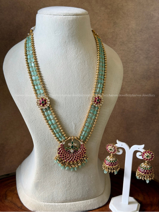 BLUE BEADS MID LENGTH CHAIN SET WITH FLORAL PENDANT IN RUBY / GREEN STONES
