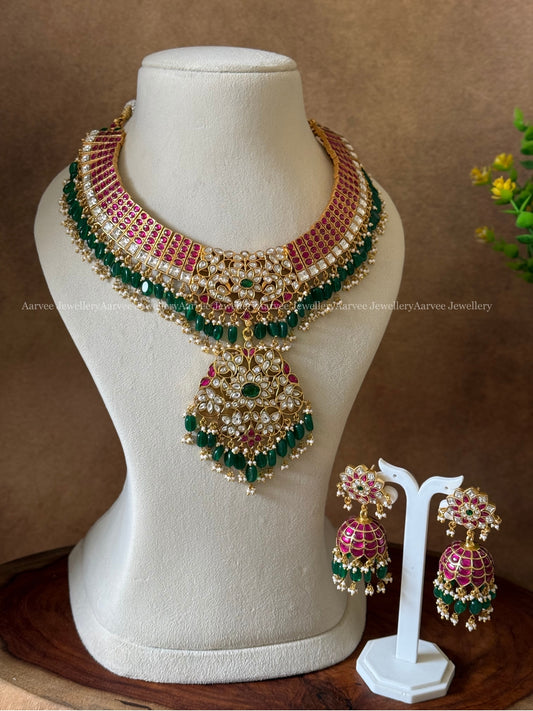 JADAU KUNDAN STATEMENT NECKLACE & FLORAL JHUMKI WITH RUBY STONES & GREEN BEADS | WITH NO NECK LINE PEARLS