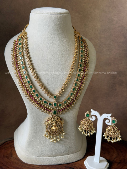 CZ RUBY / GREEN STONE LAYERED MID LENGTH HARAM SET WITH LAKSHMI PENDANT