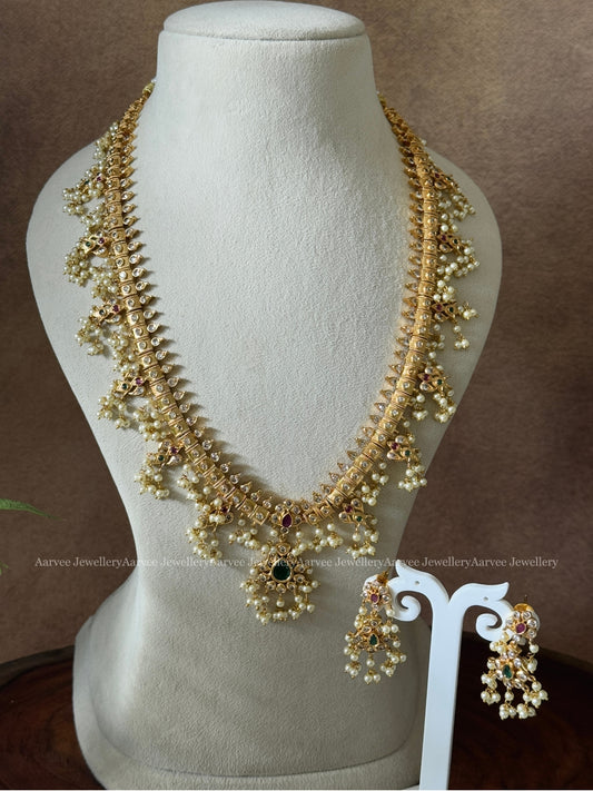 CLASSIC GOLD FINISH GUTTA PUSALU HARAM SET WITH PEARLS