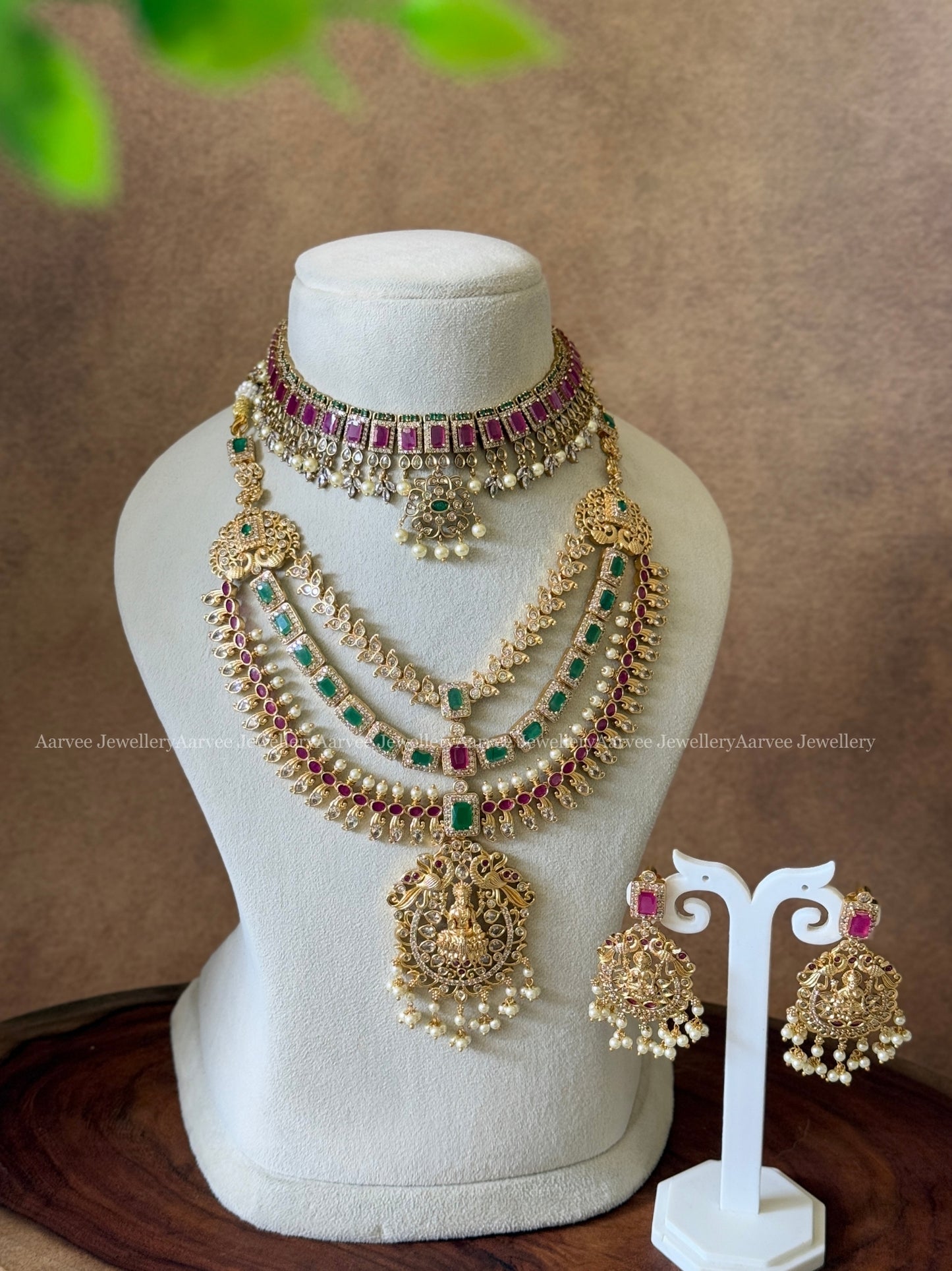 COMBO - CZ PINK STONE CHOKER PAIRED WITH CZ LAYERED NECKLACE SET WITH LAKSHMI PRNDANT