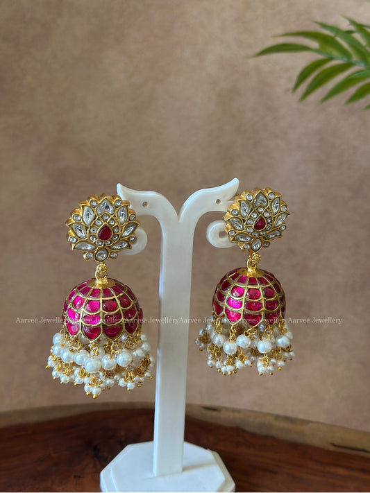 JADAU KUNDAN LOTUS JHUMKI WITH WHITE AND PINK STONES & PEARLS