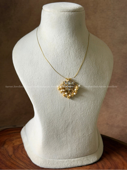 INVISIBLE CHAIN WITH JADAU KUNDAN LOTUS PENDANT AND WITH GOLD & PEARL BEADS