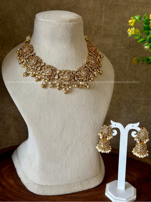 CZ LOTUS MOTIF NECKLACE SET WITH WHITE STONES AND GOLD BEADS & PEARLS