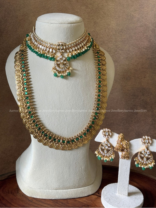 COMBO- SEMI PRECIOUS KUNDAN CHOKER WITH HIGH QUALITY ANTIQUE FINISH LAKSHMI COIN MID LENGTH HARAM SET WITH GREEN STONE