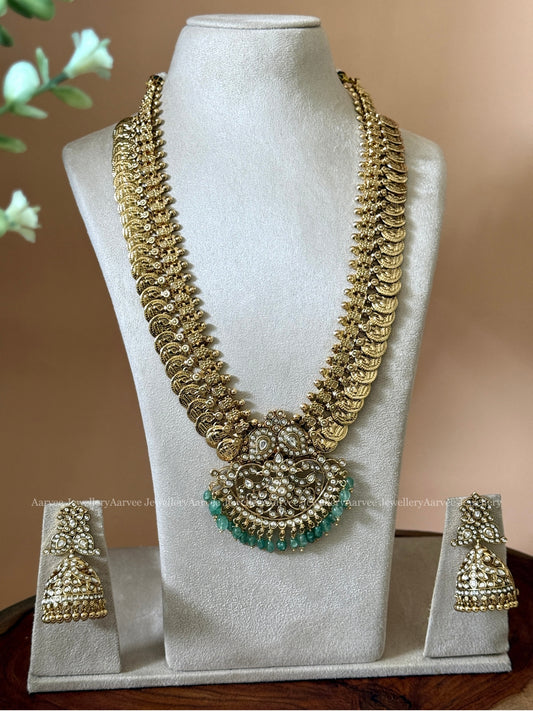 ANTIQUE GOLD FINISH MID LENGTH COIN SET WITH MANGO MOTIF PENDANT WITH PASTEL BEADS