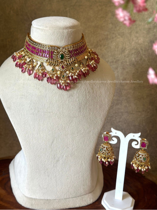 CZ CLOSE NECK CHOKER SET WITH PINK STONES & PINK BEADS