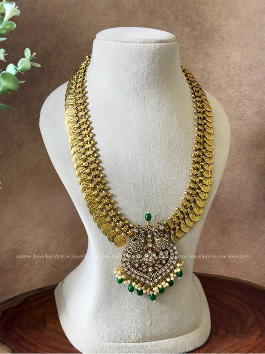 JADAU KUNDAN COIN MIDLENGTH HARAM WITH WHITE STONE PEACOCK PENDANT AND GREEN BEADS