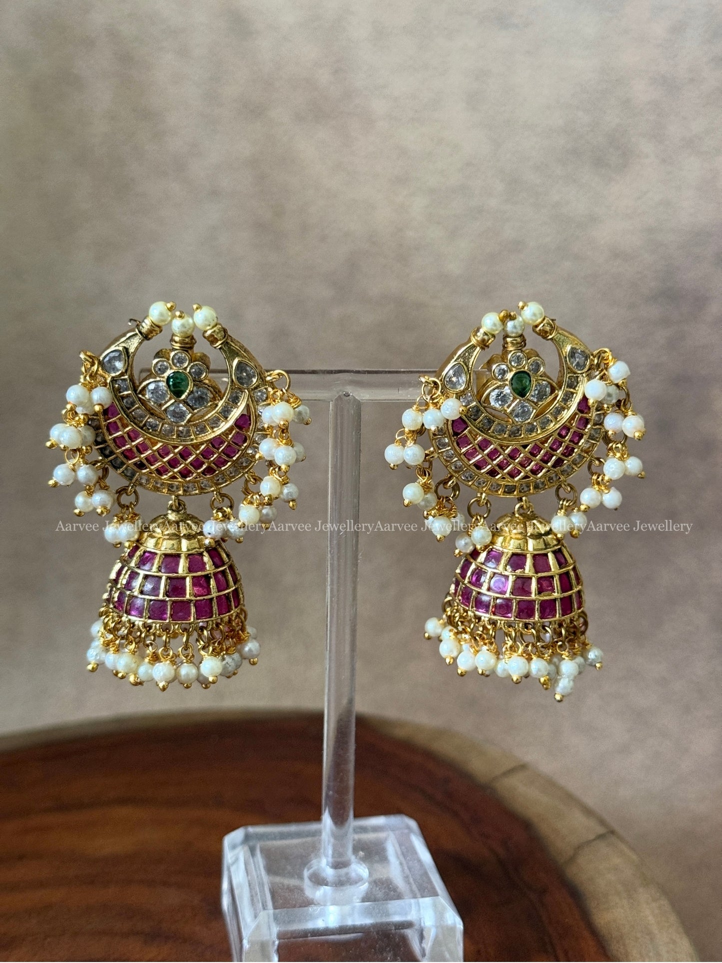 PREMIUM KEMP STONE CHAND DESIGN JHUMKI WITH RUBY / GREEN STONE & PEARLS