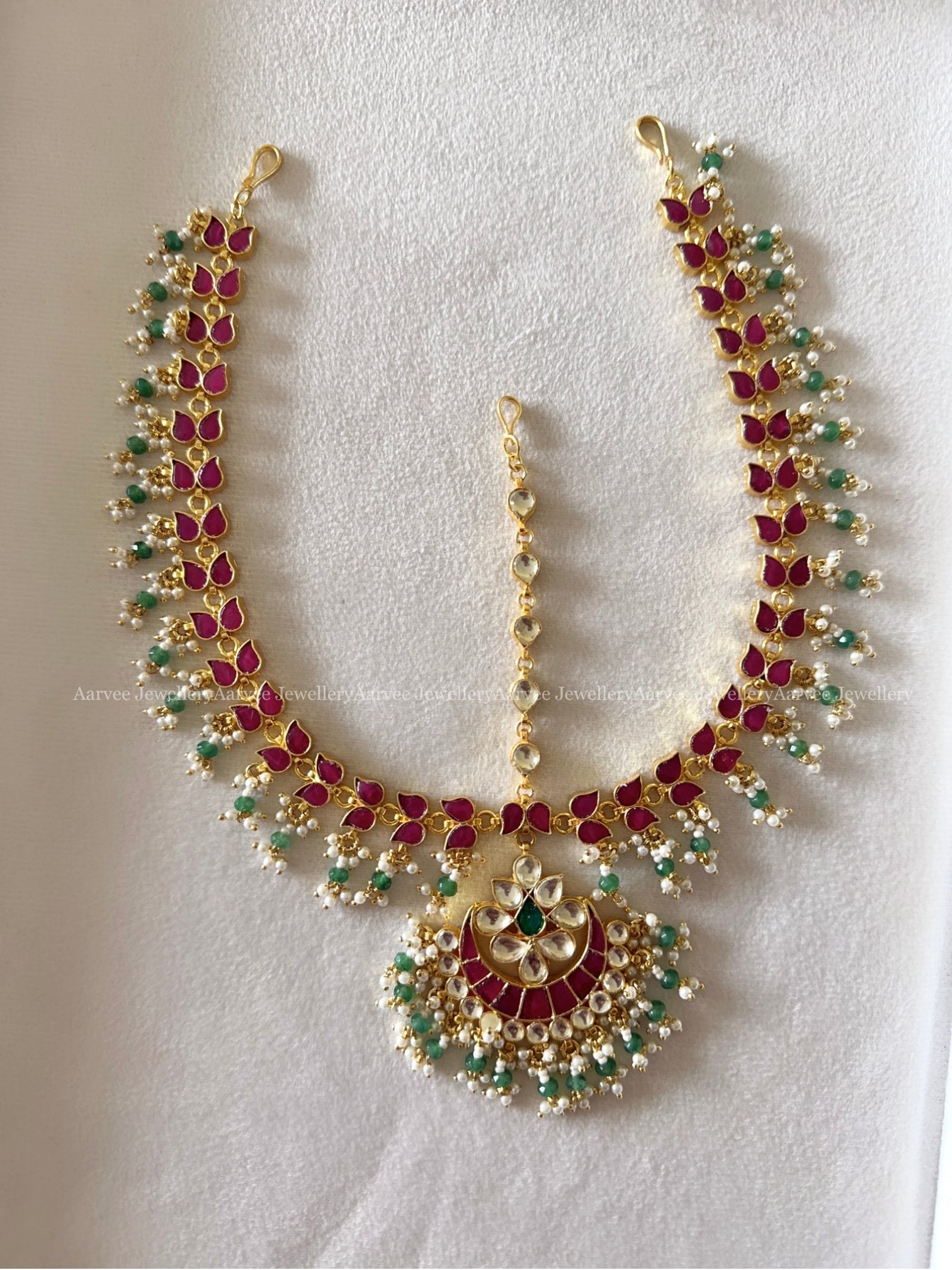 POLKI KUNDAN RUBY STONE MATHAPATTI WITH TINY PASTEL & PEARL BEADS