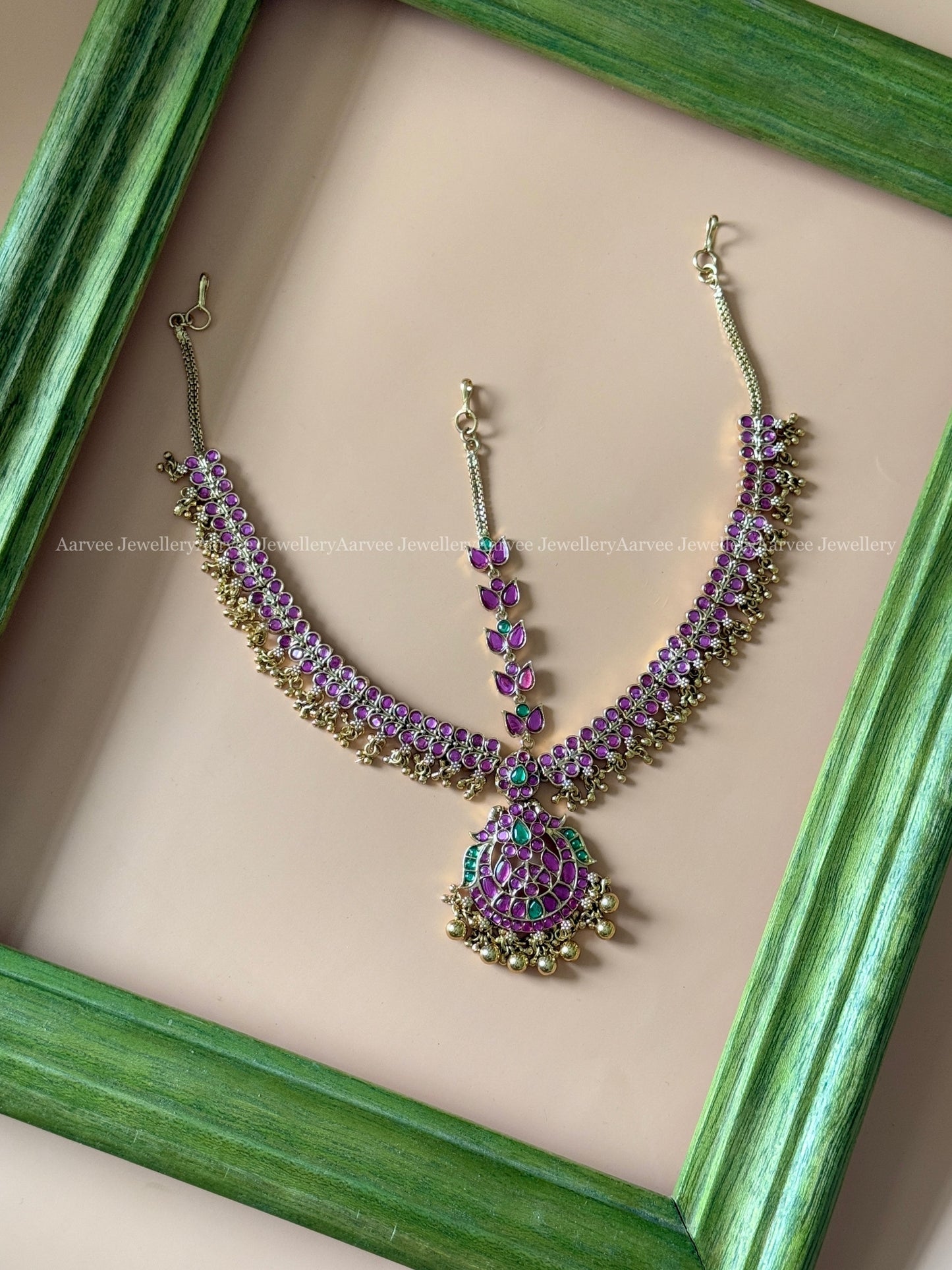 PREMIUM KEMP PINK /GREEN STONES MATHAPATHI WITH GOLD BEADS