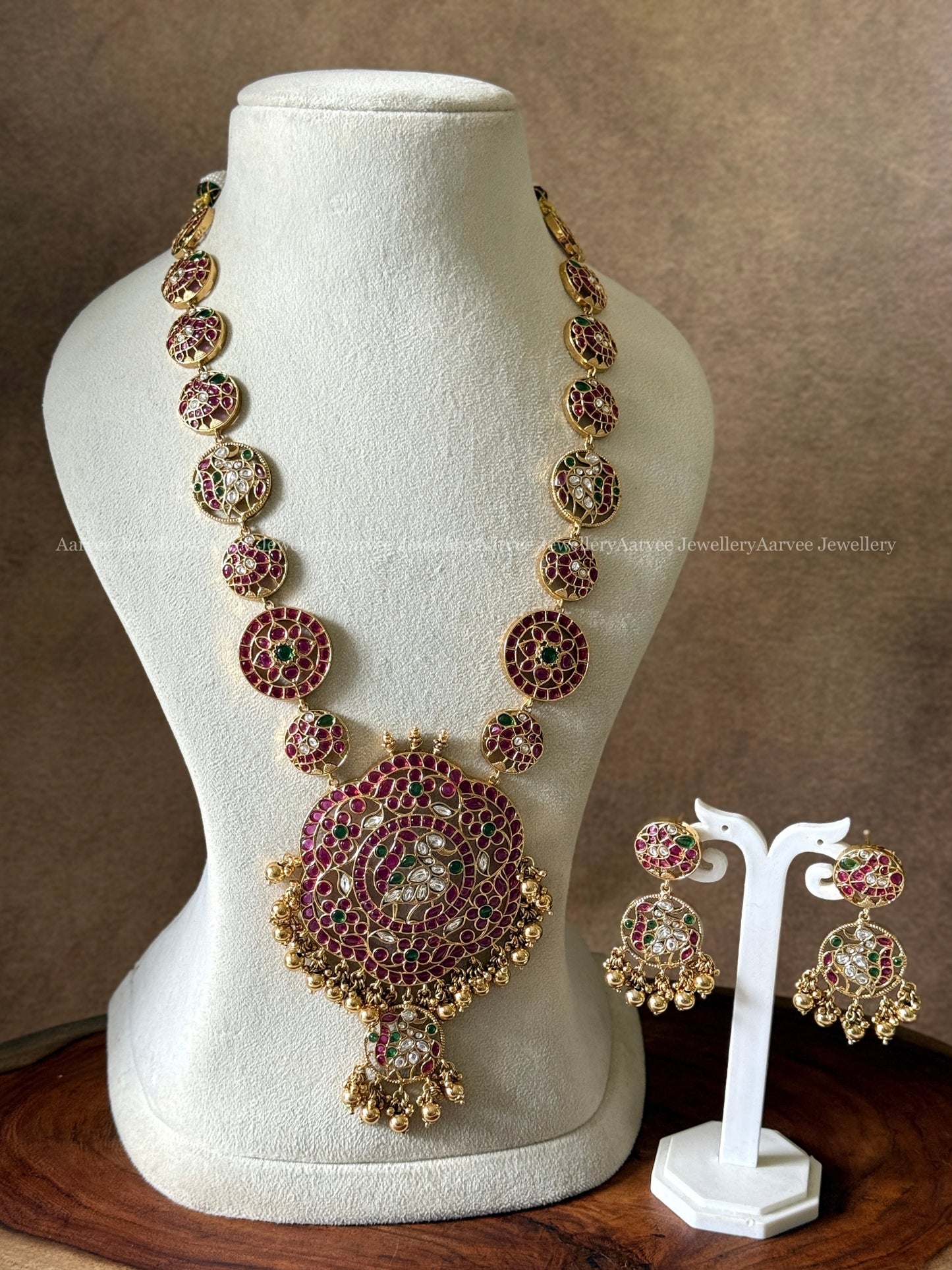 PREMIUM KEMP STONES PEACOCK PENDANT LONG HARAM SET WITH GOLD BEADS