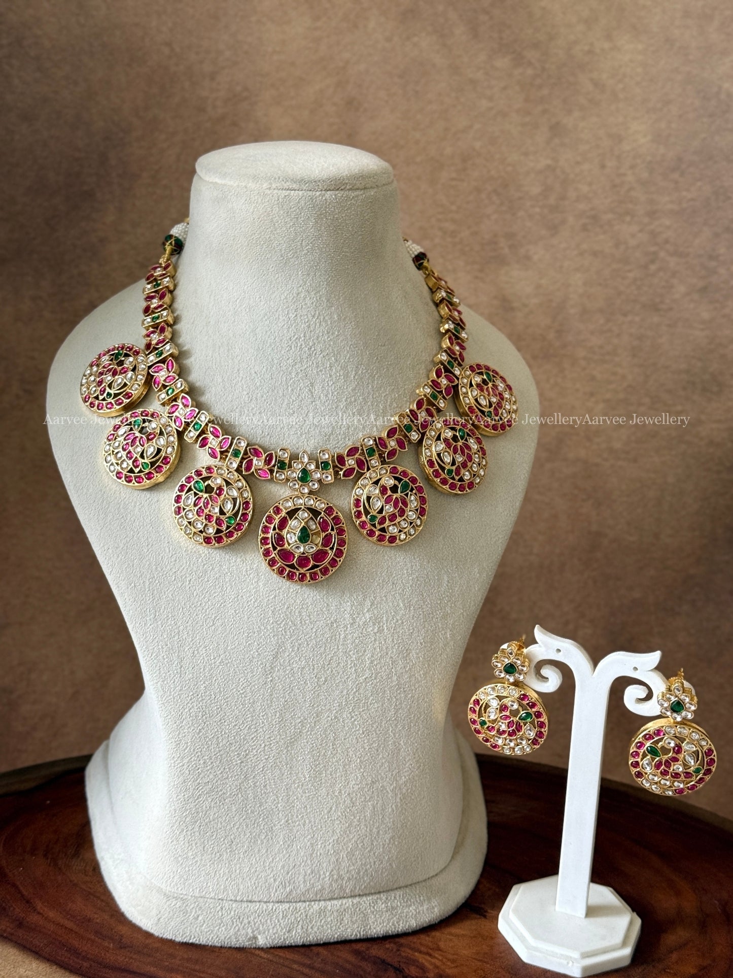PREMIUM JADAU KUNDAN BOTTU MALA NECKLACE SET WITH PINK / GREEN STONES