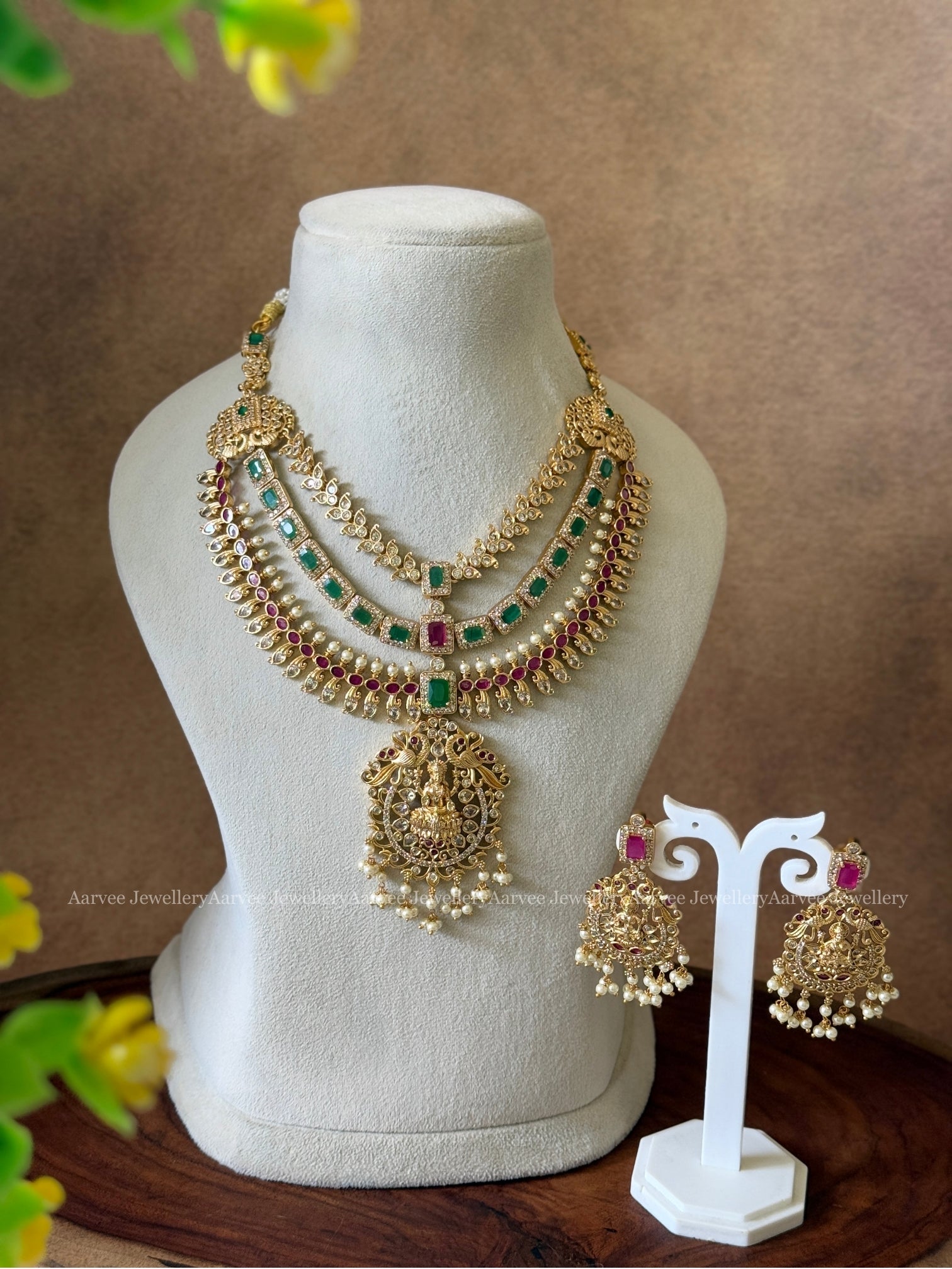 CZ RUBY / GREEN STONE LAYERED NECKLACE SET WITH LAKSHMI PENDANT