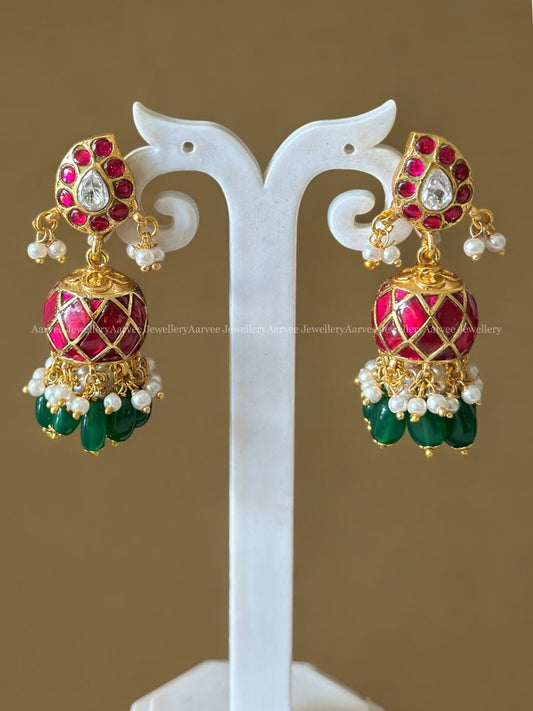 JADAU KUNDAN MANGO JHUMKI WITH PINK STONES AND GREEN BEADS