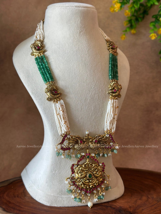 JADAU KUNDAN PEARL & PASTEL BEADED LONG HARAM WITH PEACOCK PENDANT