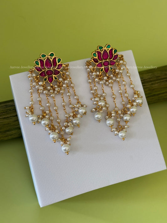 JADAU KUNDAN LOTUS DANGLER EARRINGS WITH LAYERED PEARL BEAD DROPS