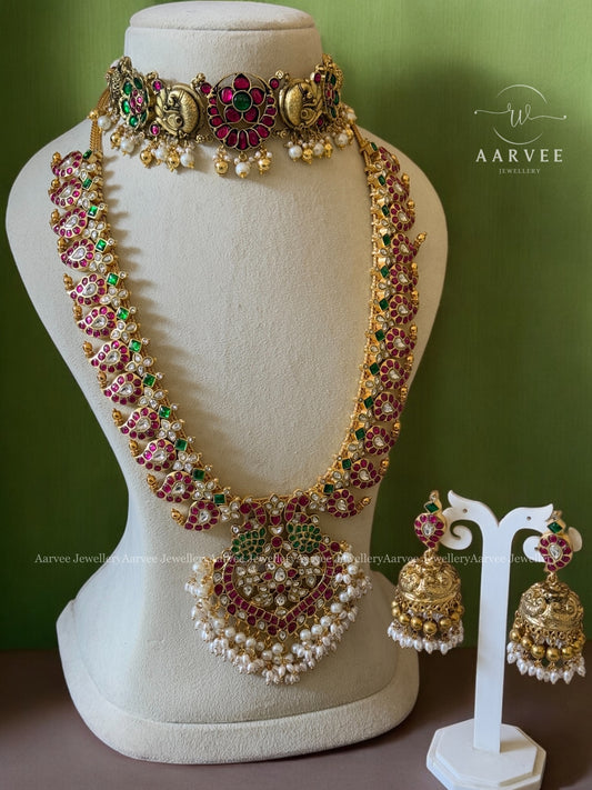 COMBO - JADAU KUNDAN FLORAL & ANNAM CHOKER WITH MANGO MOTIF HARAM WITH PEACOCK PENDANT & PEARL BEADS