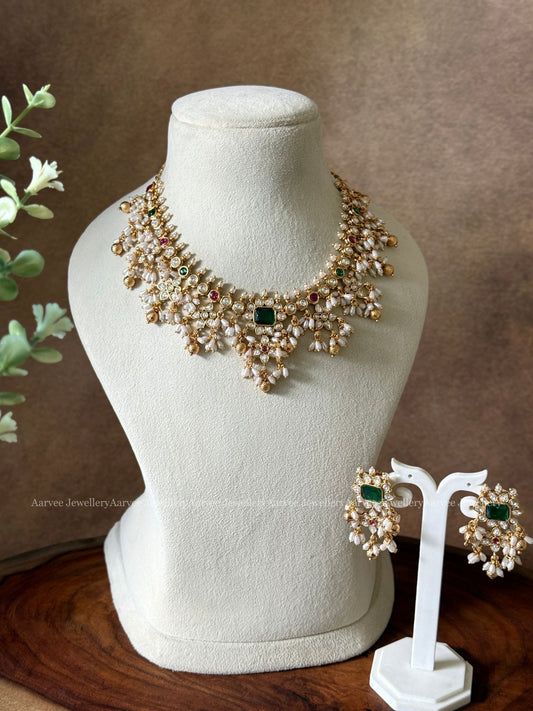 CZ FLORAL GUTTA PUSALU GREEN STONE NECKLACE SET