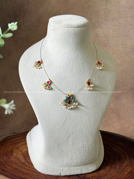 INVISIBLE CHAIN WITH LOTUS PENDANT IN TURQUOISE / PINK KUNDAN STONE