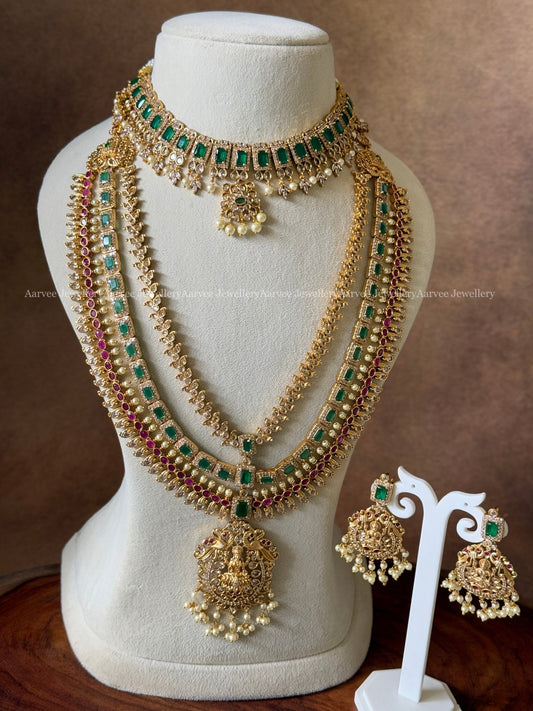 COMBO - CZ GREEN STONE NECKLACE WITH CZ RUBY / GREEN STONE LAYERED MID LENGTH HARAM SET WITH LAKSHMI PENDANT