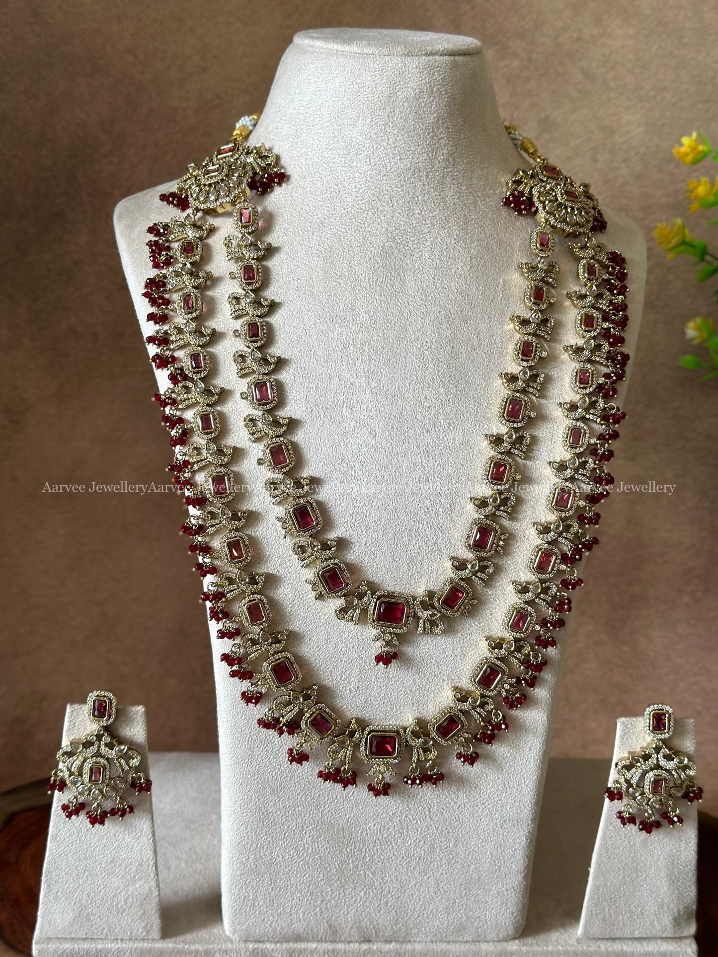 VICTORIAN TWO LAYER MID LENGTH HARAM SET WITH MAROON STONES AND MAROON BEADS