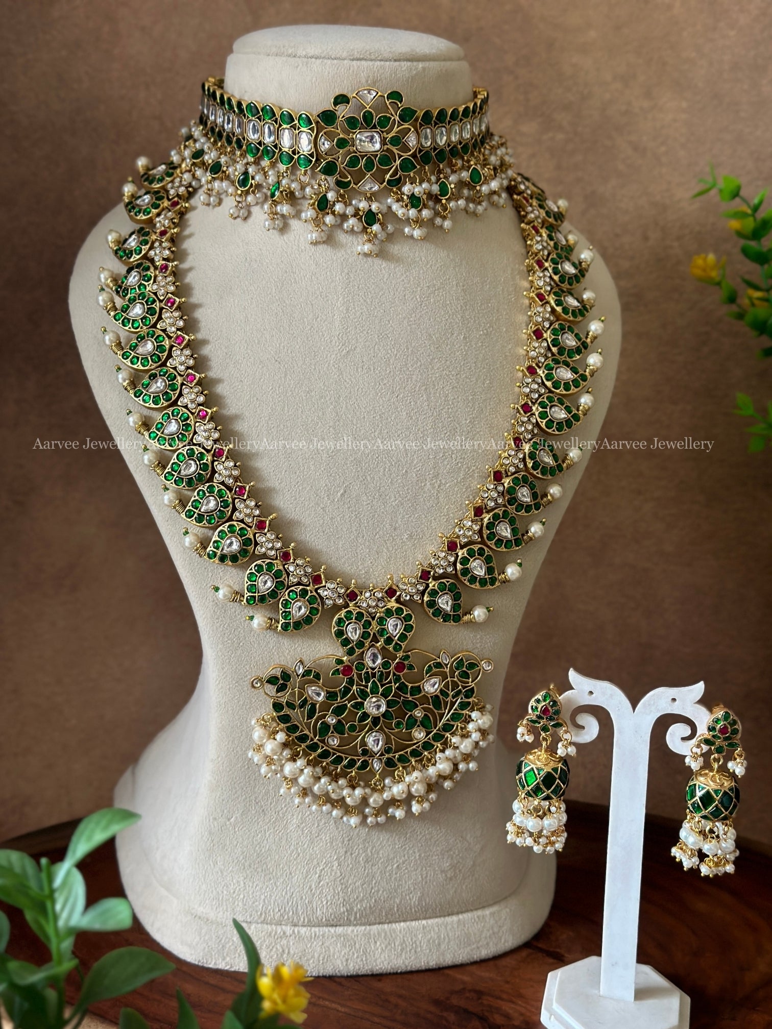 COMBO - JADAU KUNDAN GREEN STONE HIGH NECK CHOKER WITH MANGO MOTIF HARAM AND MANGO JHUMKI