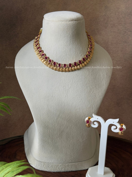 GOLD FINISH RUBY STONES MINIMAL COIN NECKLACE SET