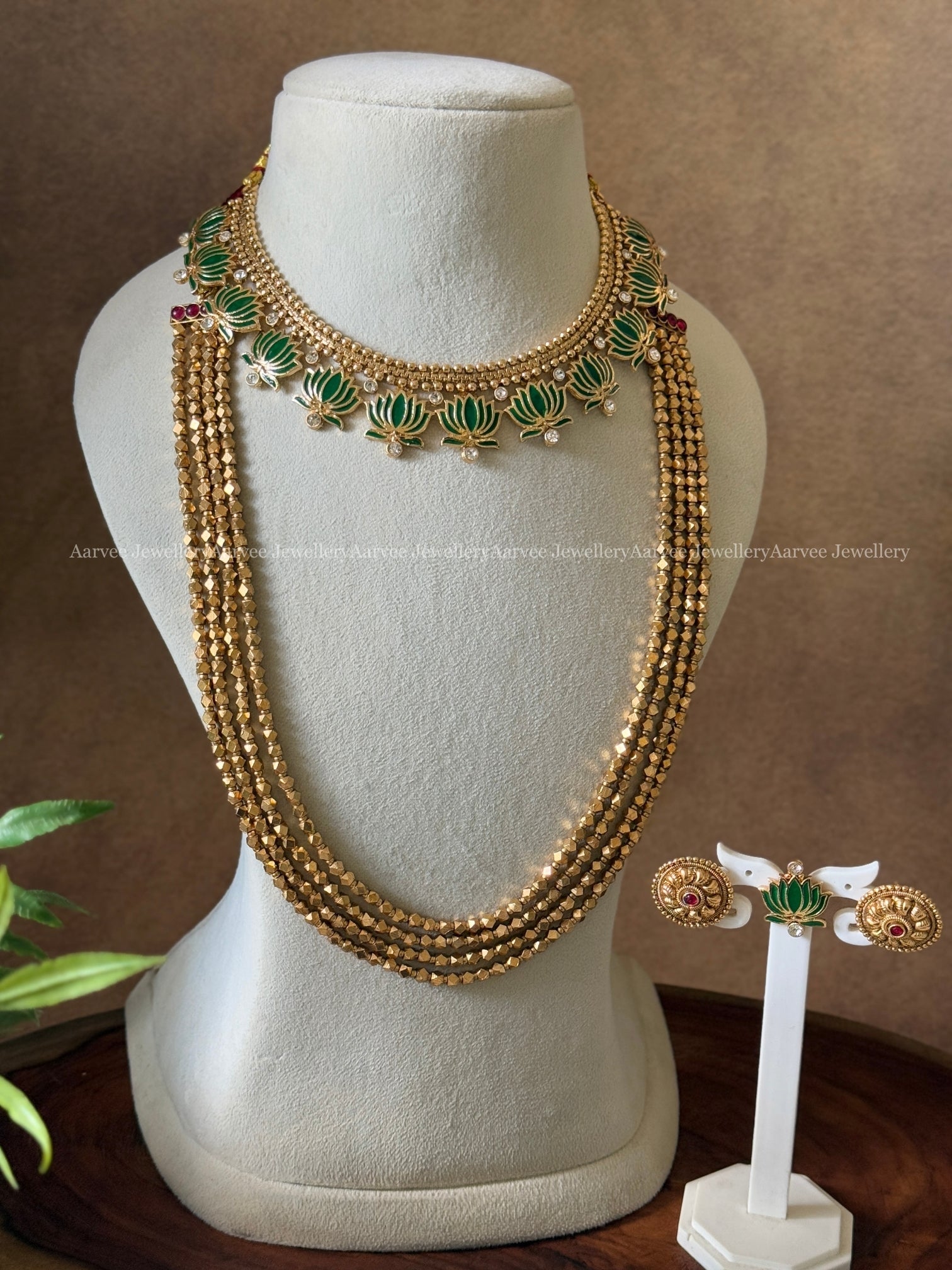 COMBO - GREEN COLOR GOLD CHAIN LOTUS NECKLACE WITH GOLD BEADED LAYERED MALA SET 