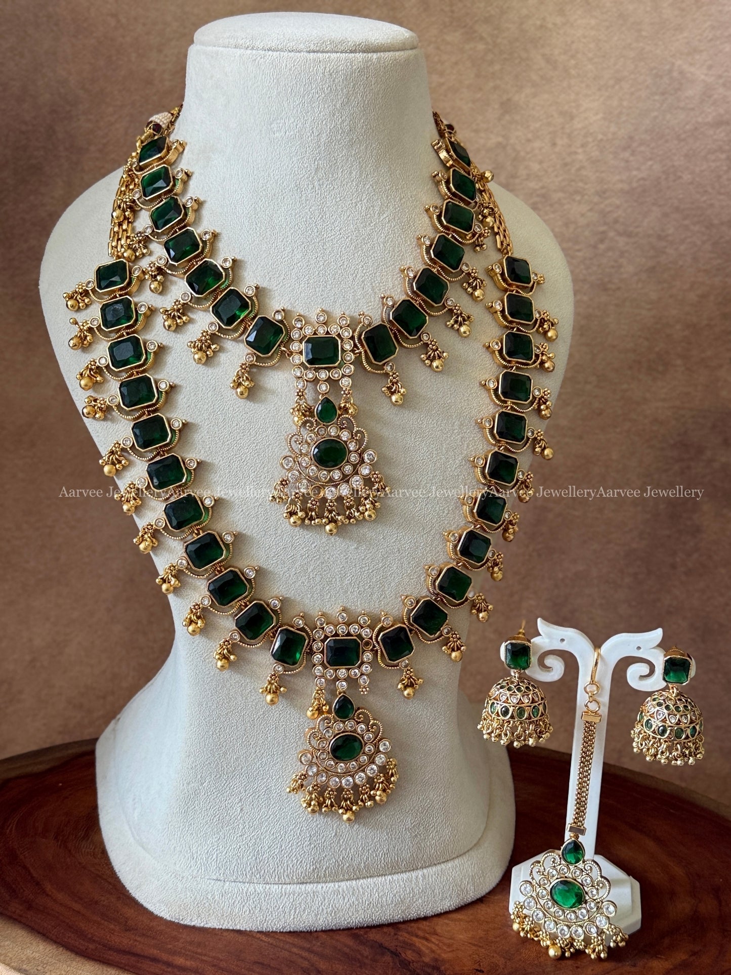 GREEN STONE SEMI BRIDAL SET NECKLACE, HARAM, JHUMKI & TIKKA