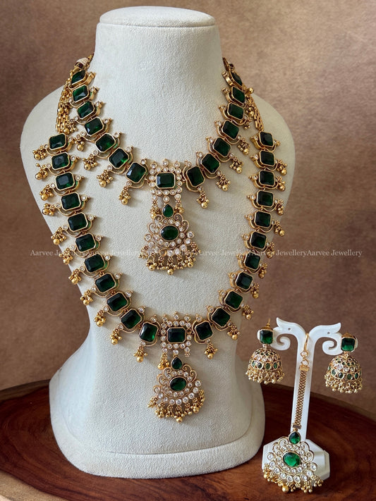 GREEN STONE SEMI BRIDAL SET NECKLACE, HARAM, JHUMKI & TIKKA