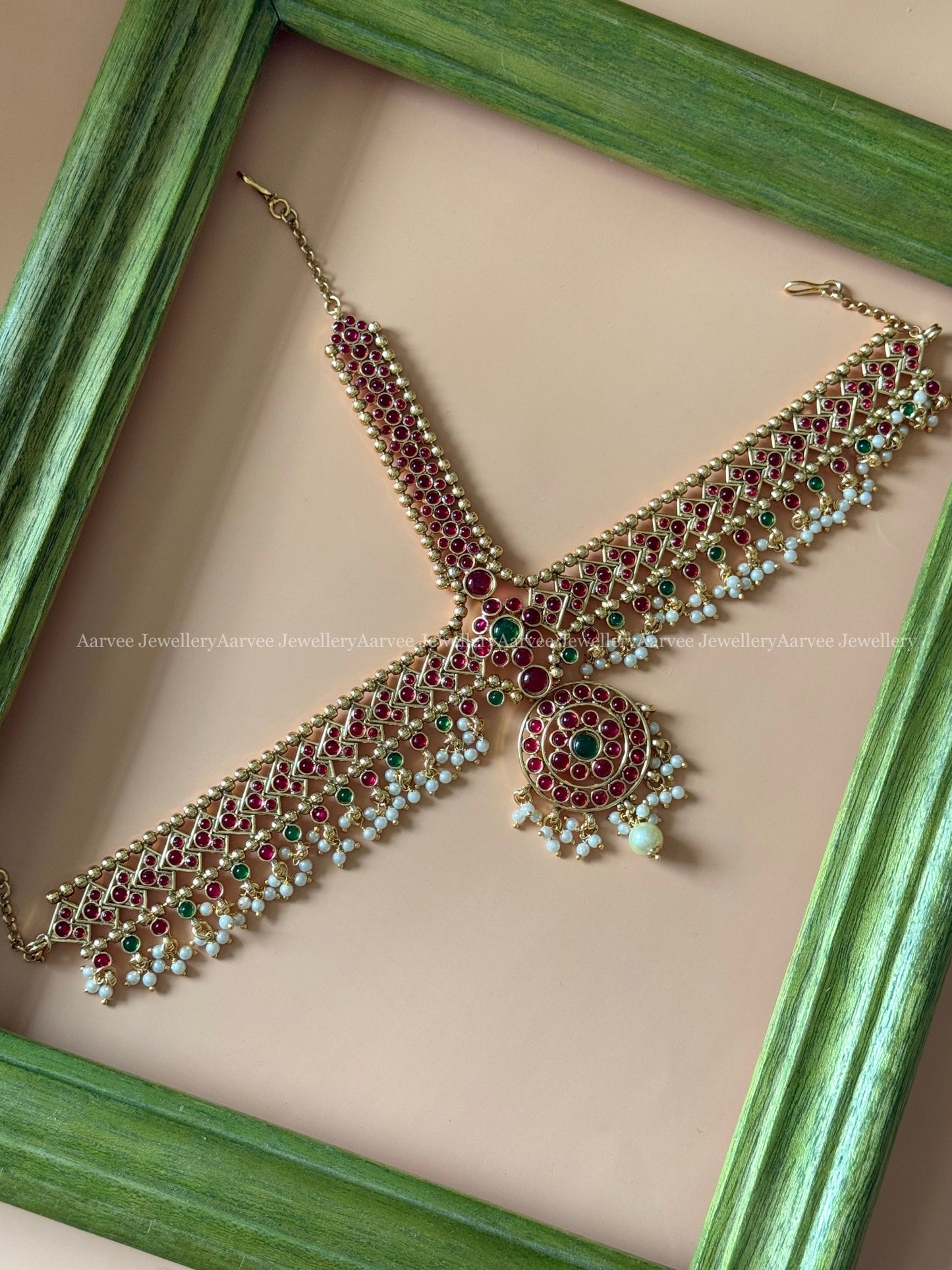 KEMP RUBY / GREEN STONE TRADITIONAL MATHAPATHI WITH PEARLS