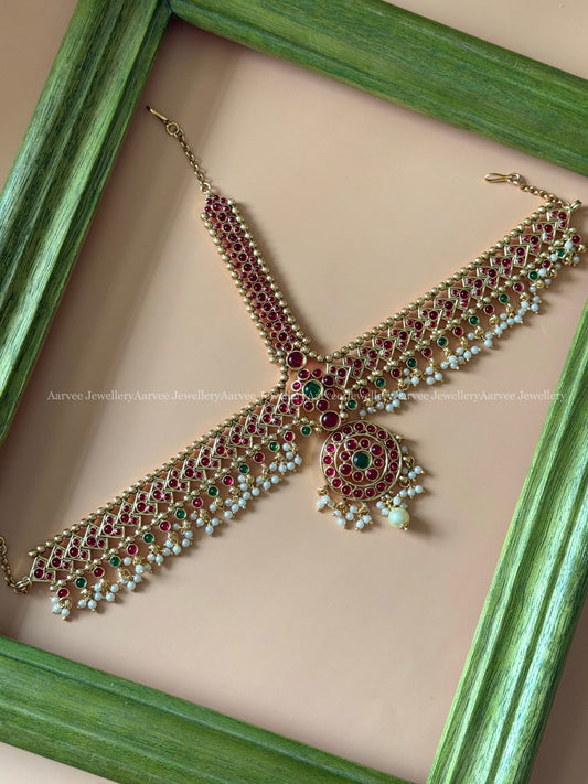 KEMP RUBY / GREEN STONE TRADITIONAL MATHAPATHI WITH PEARLS