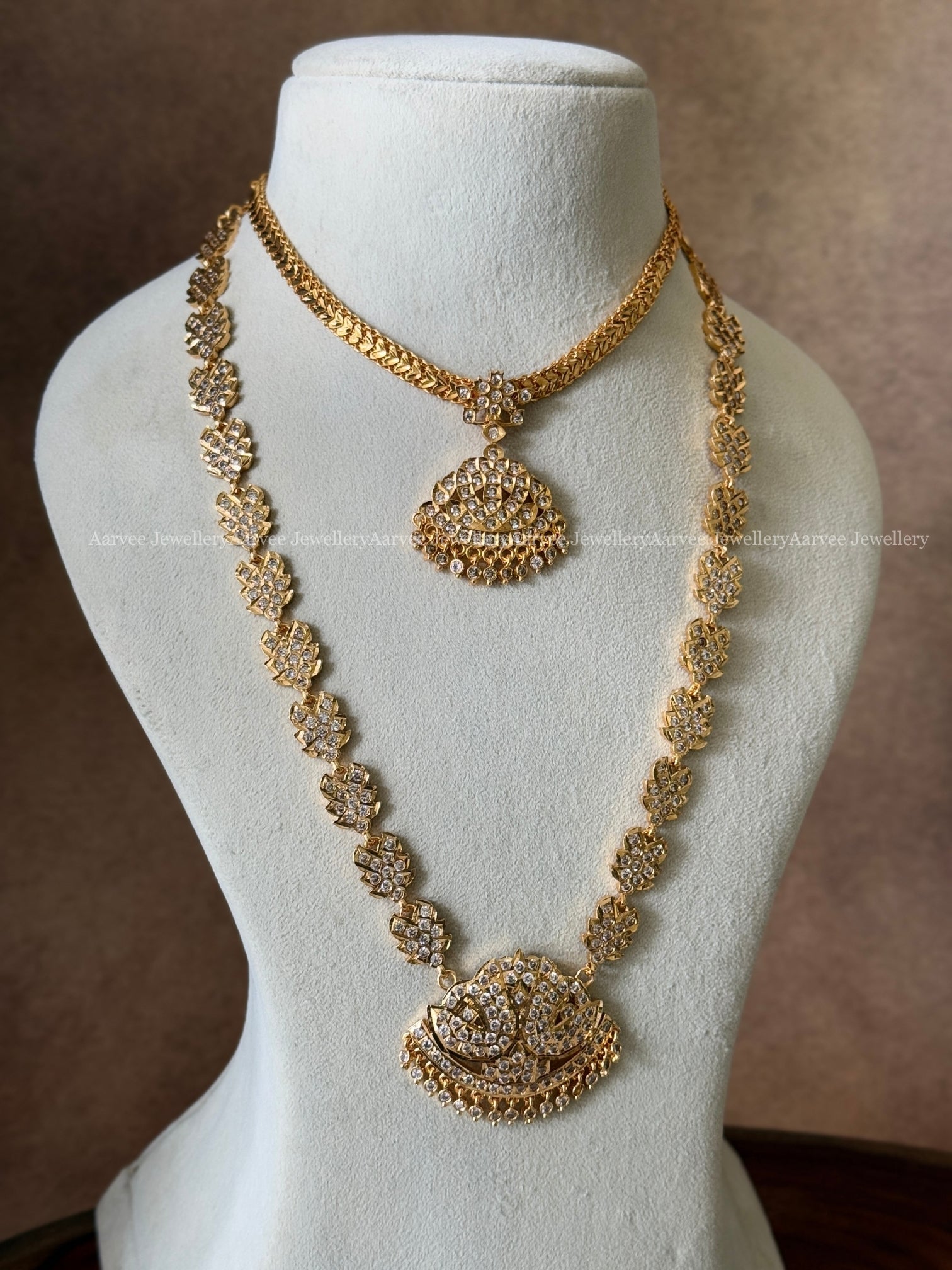 COMBO - IMPHON ATTIGAI AND FULL WHITE STONE IMPHON CHAIN WITH PEACOCK PENDANT