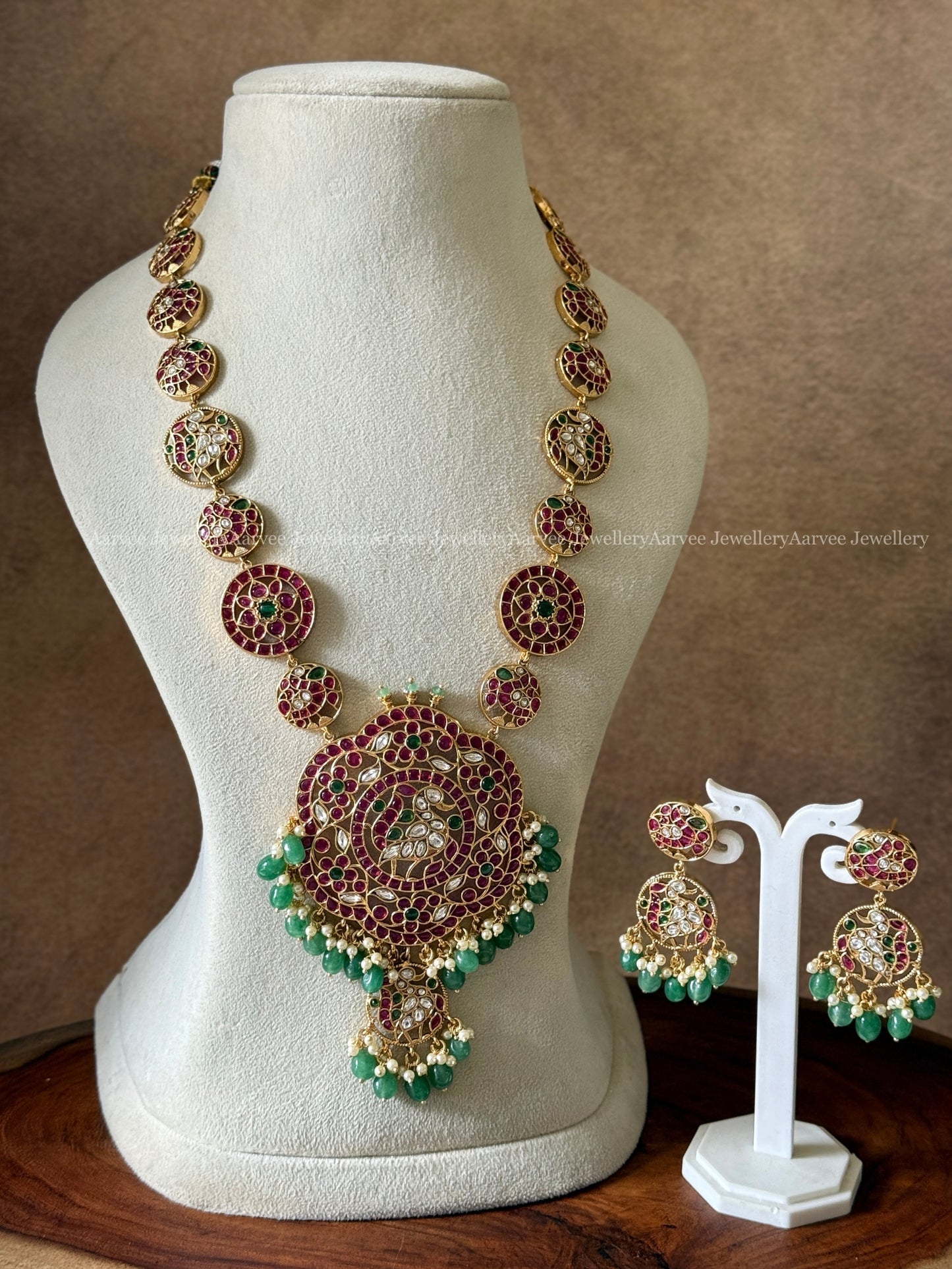 PREMIUM KEMP STONES PEACOCK PENDANT LONG HARAM SET WITH PASTEL BEADS