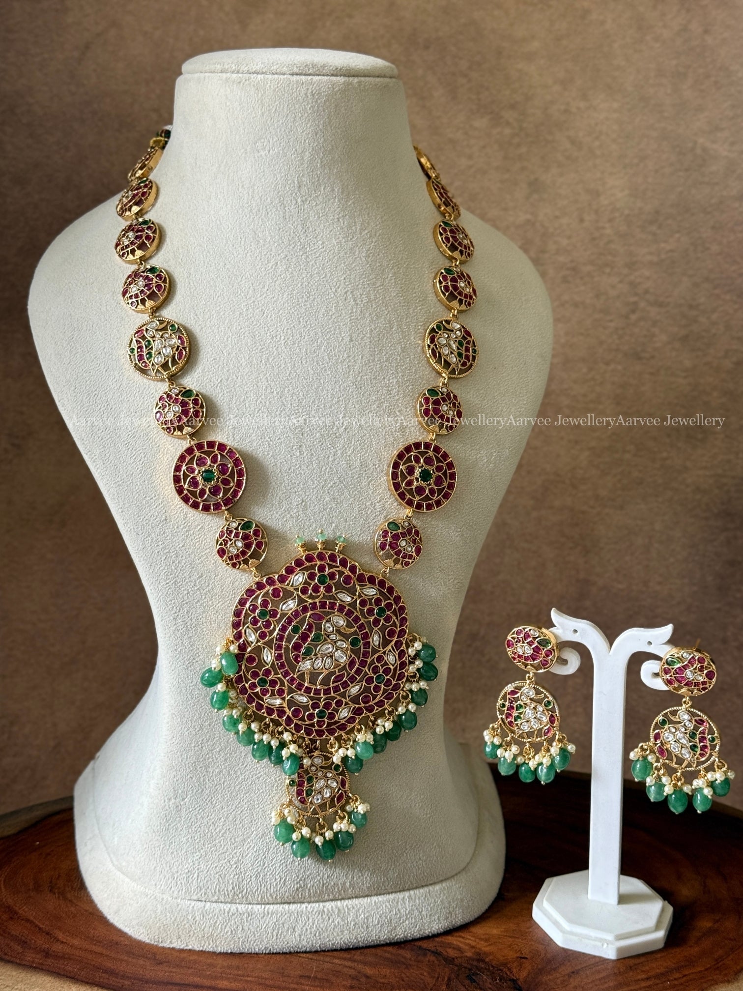PREMIUM KEMP STONES PEACOCK PENDANT LONG HARAM SET WITH PASTEL BEADS