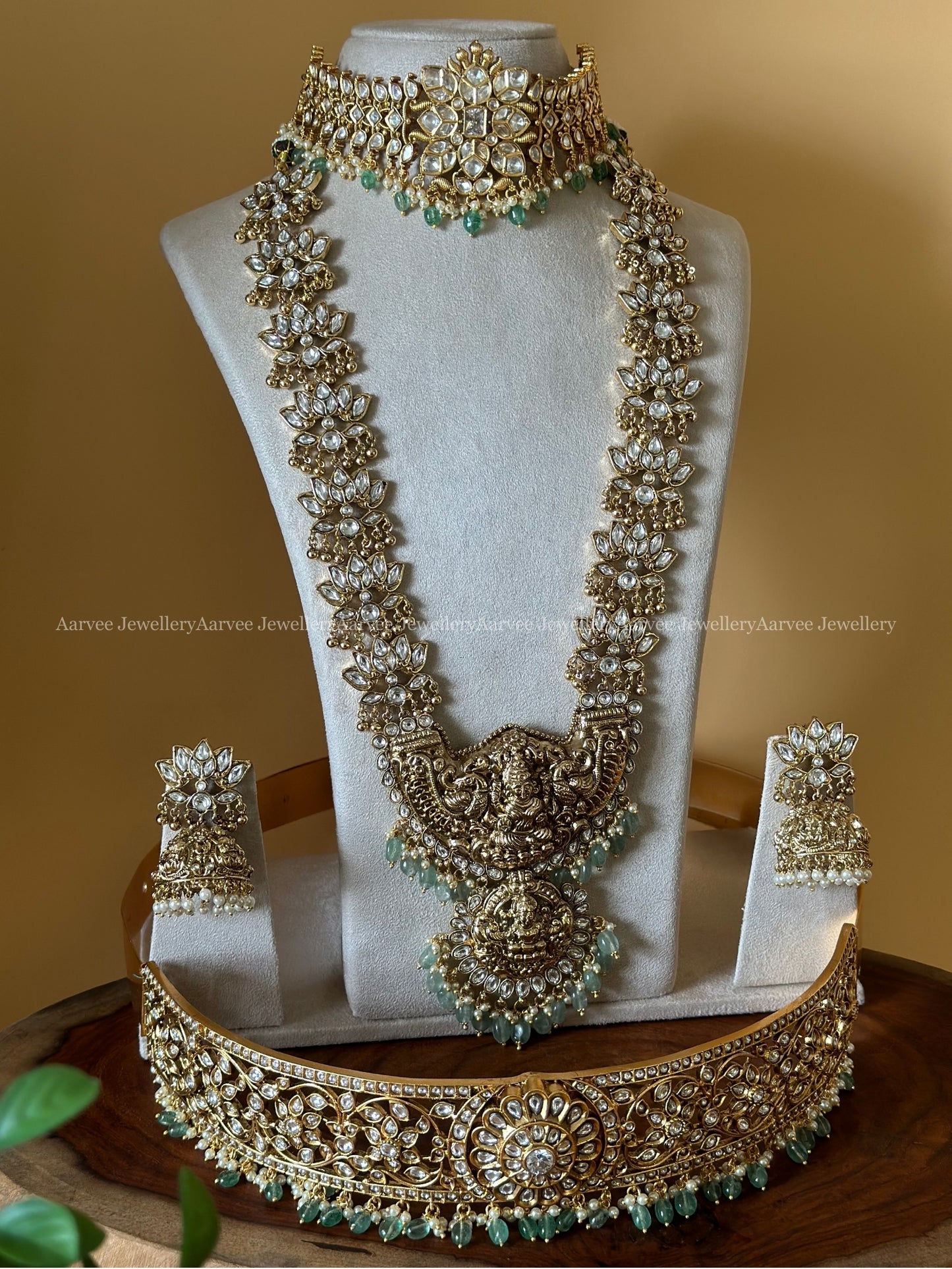 TEMPLE JEWELLERY SEMI BRIDAL SET | WHITE KUNDAN STONES LOTUS HARAM SET WITH LAKSHMI PENDANT PAIRED WITH KUNDAN CHOKER AND WAIST BELT WITH PASTEL BEADS