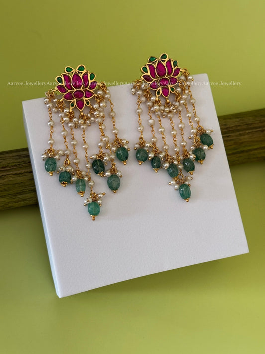 JADAU KUNDAN LOTUS DANGLER EARRINGS WITH LAYERED PASTEL BEAD DROPS