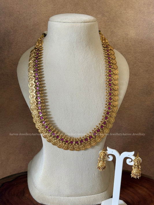 HIGH QUALITY ANTIQUE FINISH LAKSHMI COIN MID LENGTH HARAM SET WITH SEMI PRECIOUS KEMP RUBY STONES