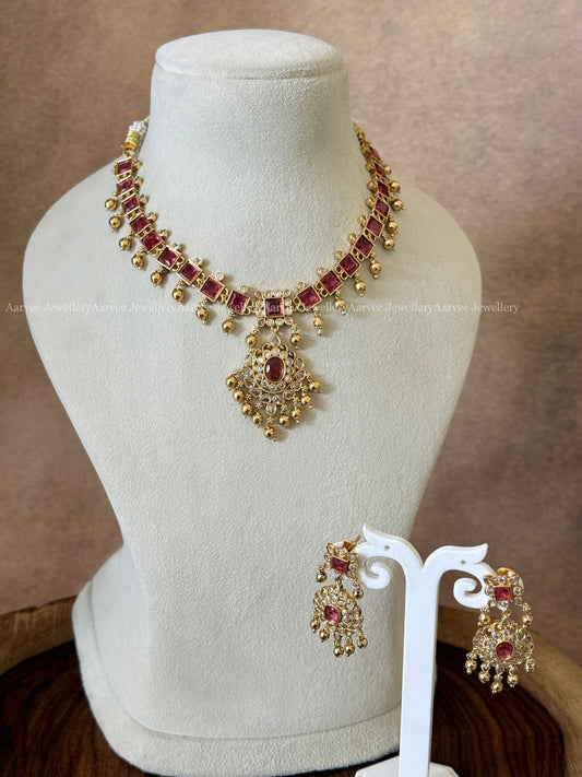 CZ RUBY STONE NECKLACE SET WITH GOLD BEADS