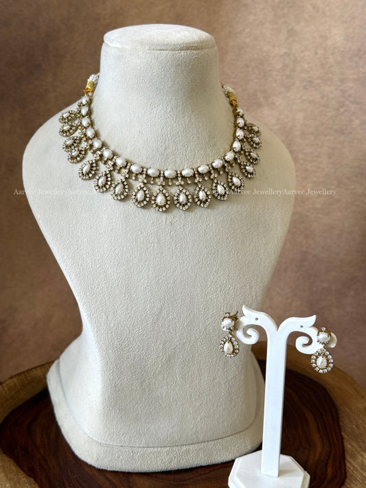 WHITE PEARL STONE  NECKLACE SET WITH TEAR DROP PENDANT