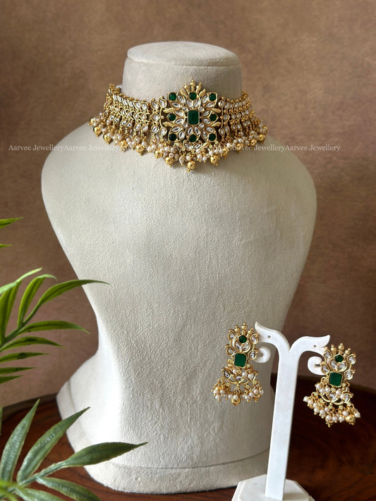 CZ WHITE / GREEN STONE HIGH NECK CHOKER SET WITH GOLD & PEARL BEADS